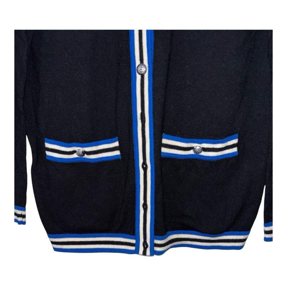 Talbots Black Cardigan with Blue/White Stripes, P2P:19”, L:26.5” - Picture 6 of 10